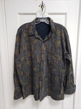 Mens XL Abstract Tribal Geometric Long Sleeve Button Up Shirt Vintage Style